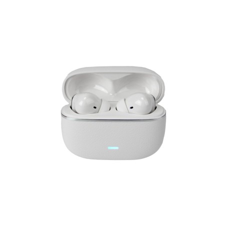 Premium P18 Leather Case EarBuds - White by Polaris: Luxurious Sound & Style with Active Noise Cancellation